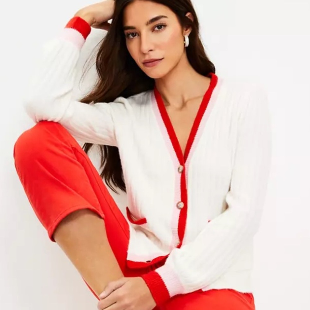 LOFT Women's White Pink and Red Cardigan